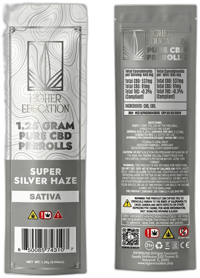 Higher Education Pure CBD 1.25G Preroll Super Silver Haze